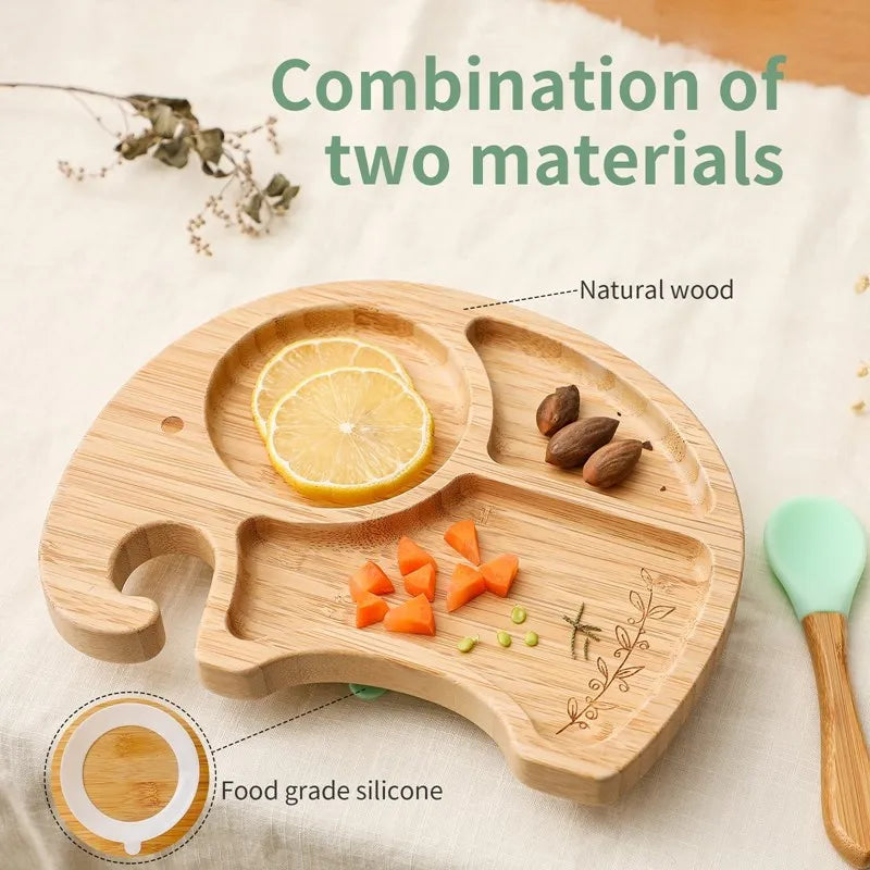 Baby Tableware Set Feeding Bowl Dinner Plate Cup Bibs Spoon Fork Bamboo Wooden Children's Feeding Dishes Sets BPA Free Non-Slip