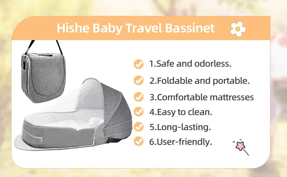 Baby Travel Bassinet Bed in Bed Portable Bassinet Foldable Lightweight Travel Pod Infant Co-Sleeper Bed with Mosquito & Canopy
