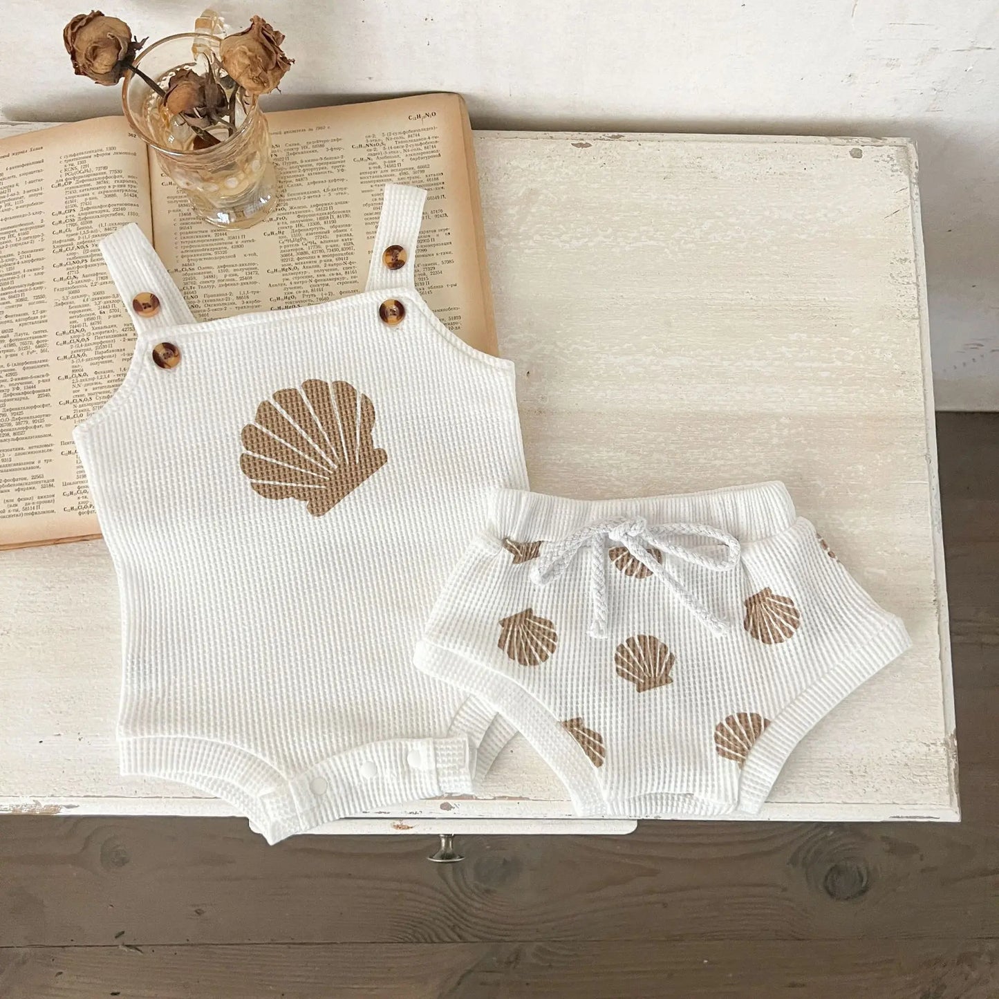 Summer Baby Boys Girls Clothing Baby Cotton Romper+Short Waffle Shell Print Suspenders Rompers Bread Pants Infant Clothes Set