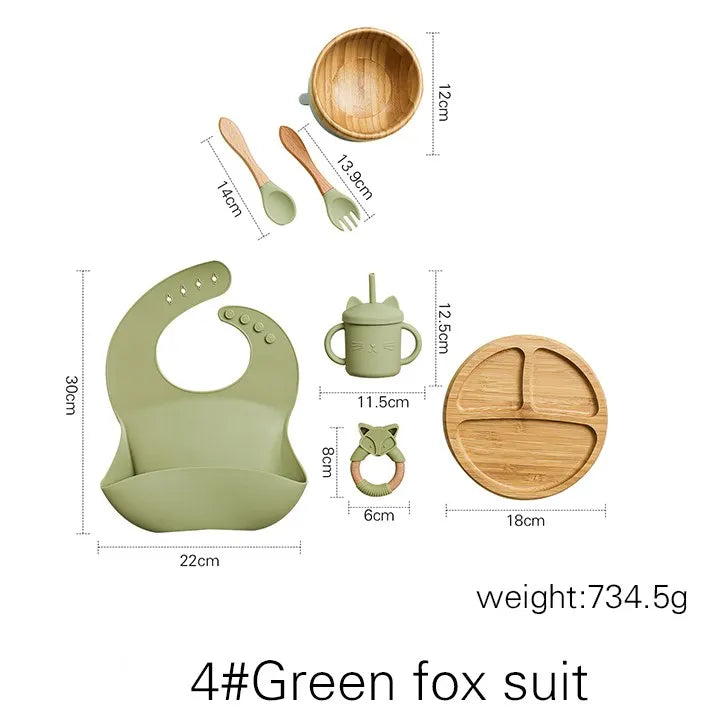 Baby Tableware Set Feeding Bowl Dinner Plate Cup Bibs Spoon Fork Bamboo Wooden Children's Feeding Dishes Sets BPA Free Non-Slip