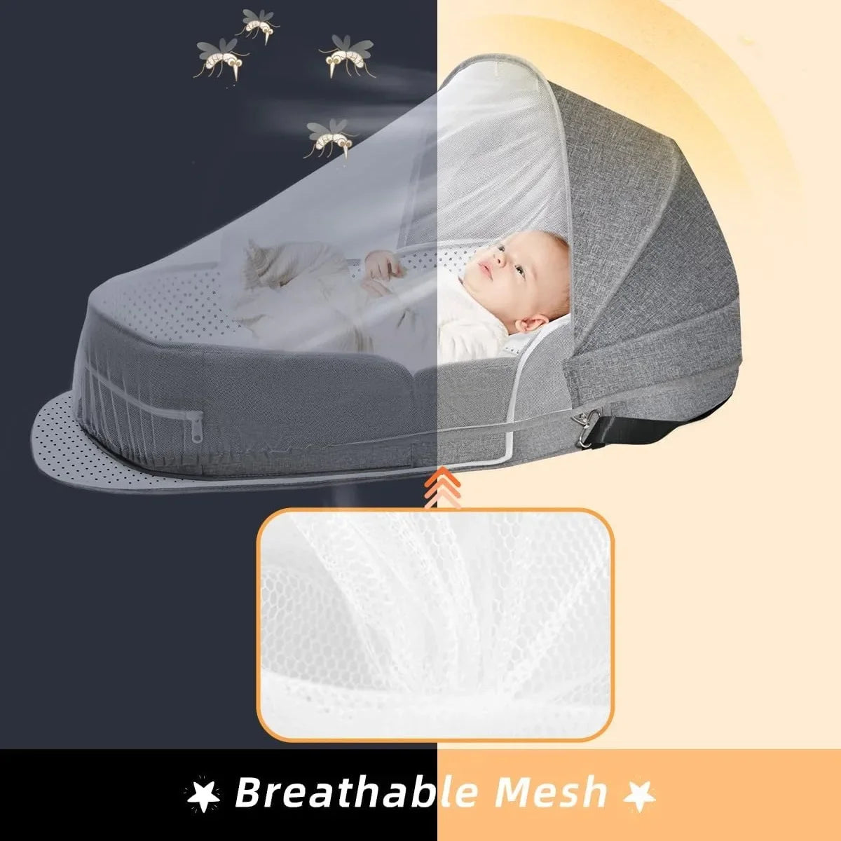 Baby Travel Bassinet Bed in Bed Portable Bassinet Foldable Lightweight Travel Pod Infant Co-Sleeper Bed with Mosquito & Canopy