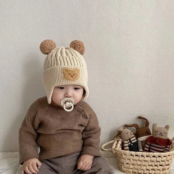 Baby Wool Hat Cute Bear Ear Protection Hat Winter THickened Warm Knitted Korean Version Baby Hat Gift for Kids