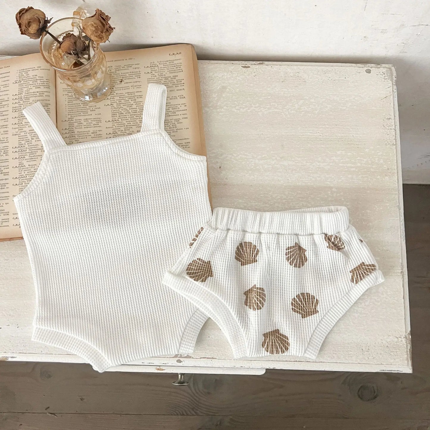 Summer Baby Boys Girls Clothing Baby Cotton Romper+Short Waffle Shell Print Suspenders Rompers Bread Pants Infant Clothes Set