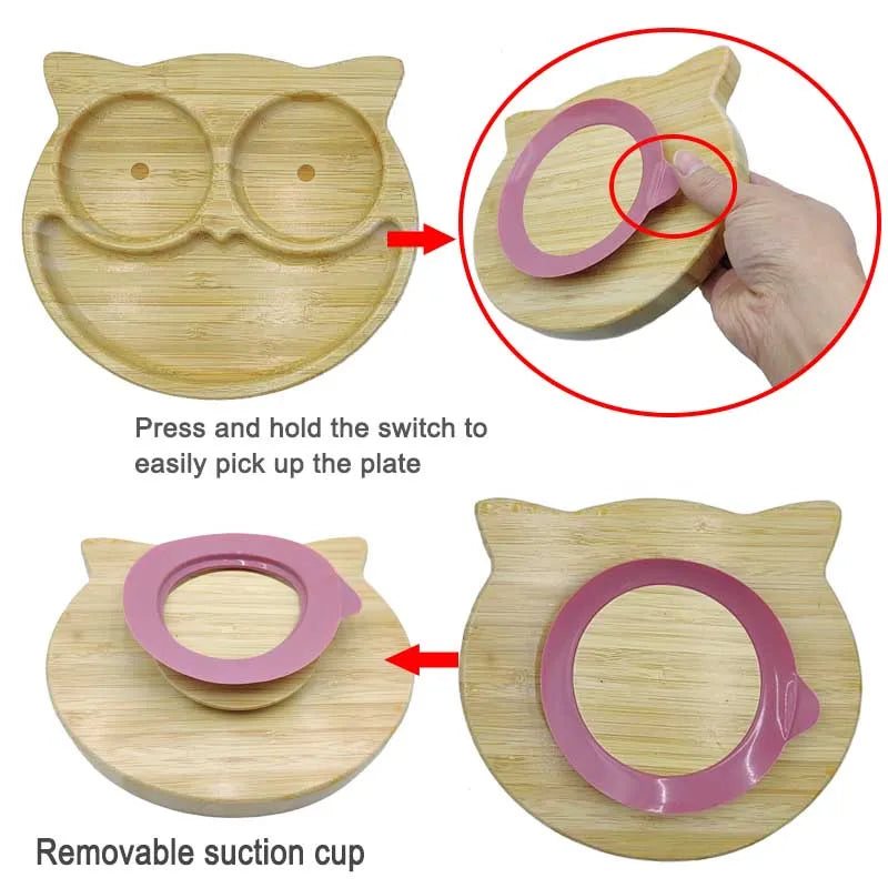 5Pcs Bamboo Bowl Plate For Kid Personalized Name Baby Feeding Set Bamboo Tableware Owl Plate Bowl With Spoon Silicone Baby Stuff