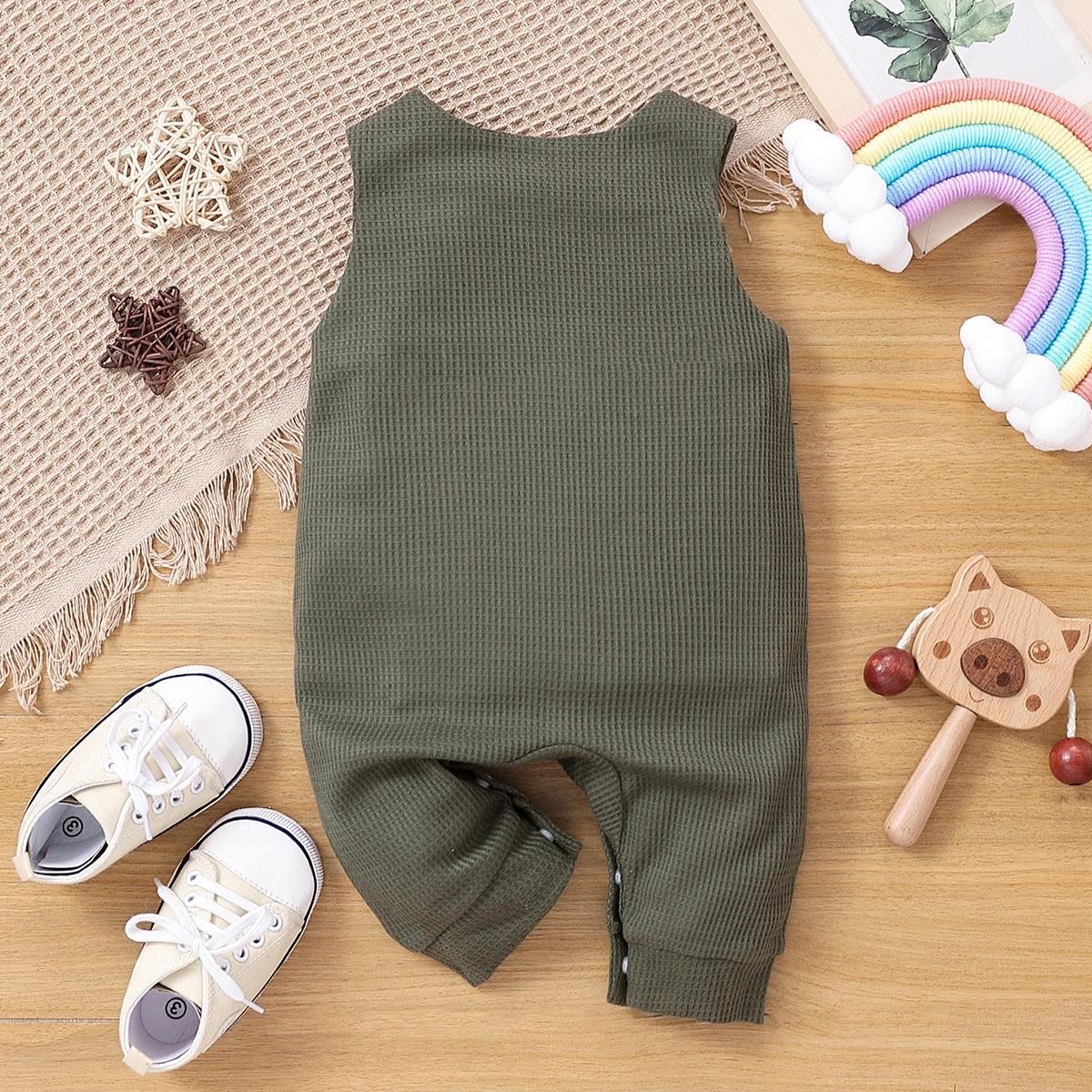 PatPat Baby Boy/Girl Rainbow Embroidered Waffle Tank Jumpsuit