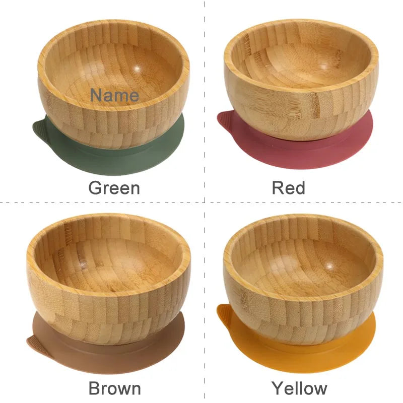 5Pcs Bamboo Bowl Plate For Kid Personalized Name Baby Feeding Set Bamboo Tableware Owl Plate Bowl With Spoon Silicone Baby Stuff