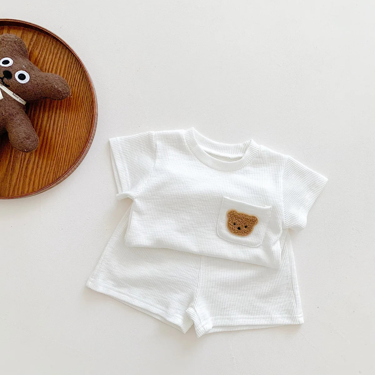 Solid Color Tracksuits Children Fashion Casual Short Sleeve Tops Shorts Summer Boys Girls Clothing Cute Little Bear Simple 2pcs