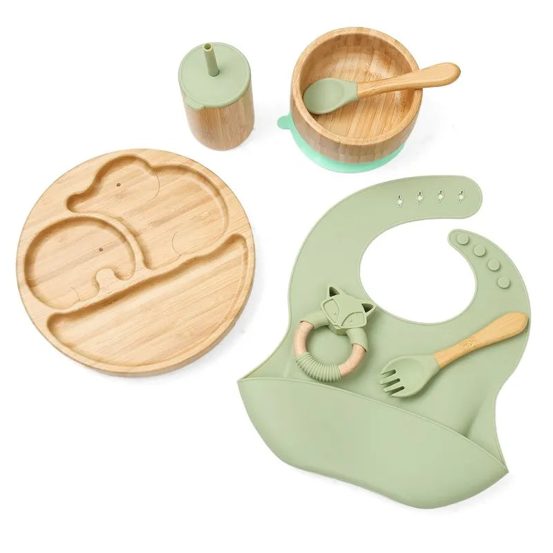 Baby Tableware Set Feeding Bowl Dinner Plate Cup Bibs Spoon Fork Bamboo Wooden Children's Feeding Dishes Sets BPA Free Non-Slip