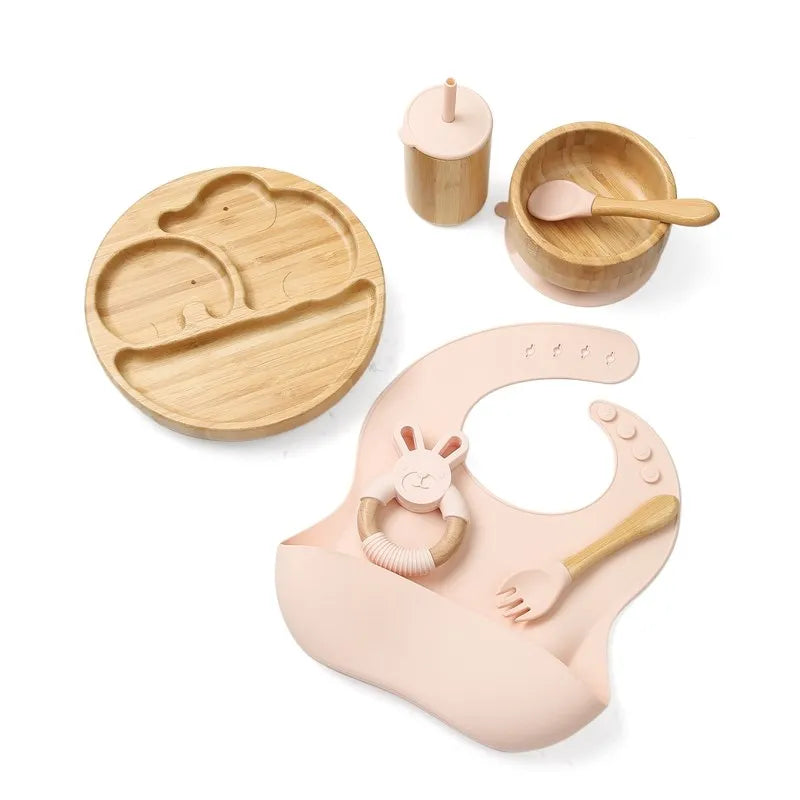 Baby Tableware Set Feeding Bowl Dinner Plate Cup Bibs Spoon Fork Bamboo Wooden Children's Feeding Dishes Sets BPA Free Non-Slip