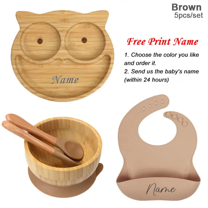 5Pcs Bamboo Bowl Plate For Kid Personalized Name Baby Feeding Set Bamboo Tableware Owl Plate Bowl With Spoon Silicone Baby Stuff