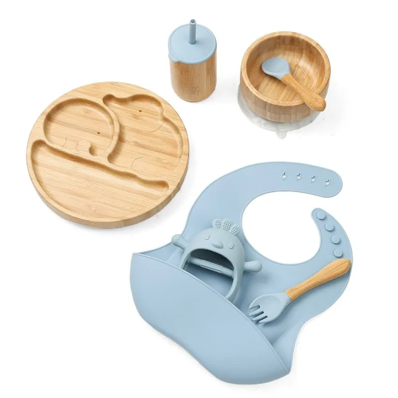 Baby Tableware Set Feeding Bowl Dinner Plate Cup Bibs Spoon Fork Bamboo Wooden Children's Feeding Dishes Sets BPA Free Non-Slip