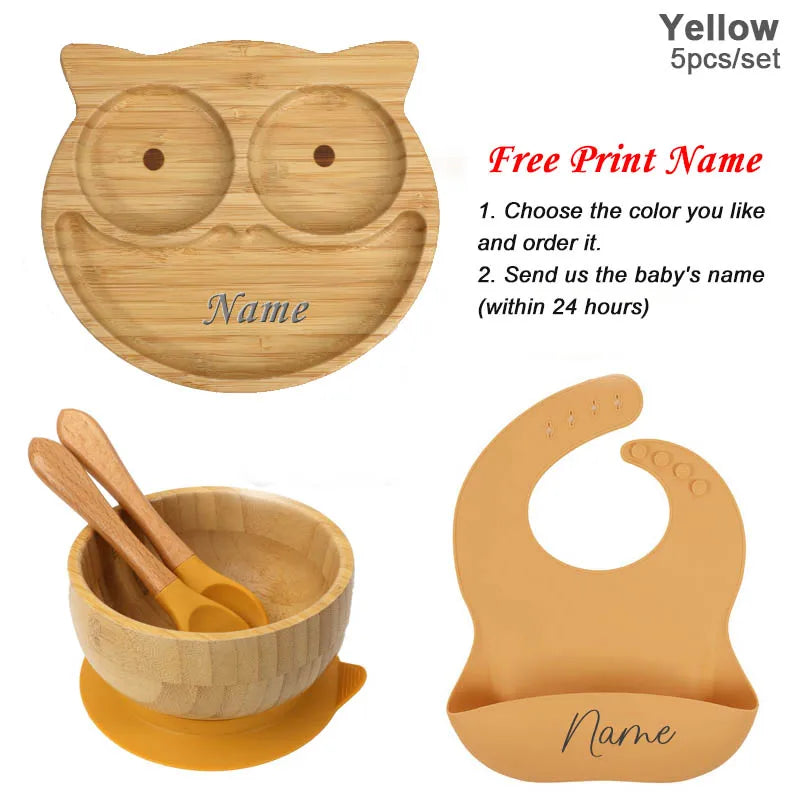5Pcs Bamboo Bowl Plate For Kid Personalized Name Baby Feeding Set Bamboo Tableware Owl Plate Bowl With Spoon Silicone Baby Stuff