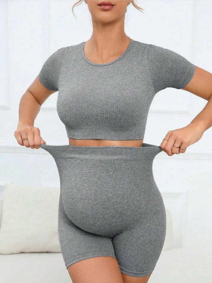 Women's Maternity 2 Piece Seamless Short Sleeve Crop Top Legging Sets Workout Casual