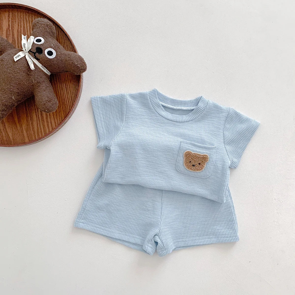 Solid Color Tracksuits Children Fashion Casual Short Sleeve Tops Shorts Summer Boys Girls Clothing Cute Little Bear Simple 2pcs