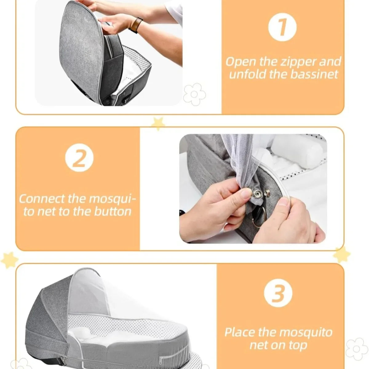 Baby Travel Bassinet Bed in Bed Portable Bassinet Foldable Lightweight Travel Pod Infant Co-Sleeper Bed with Mosquito & Canopy