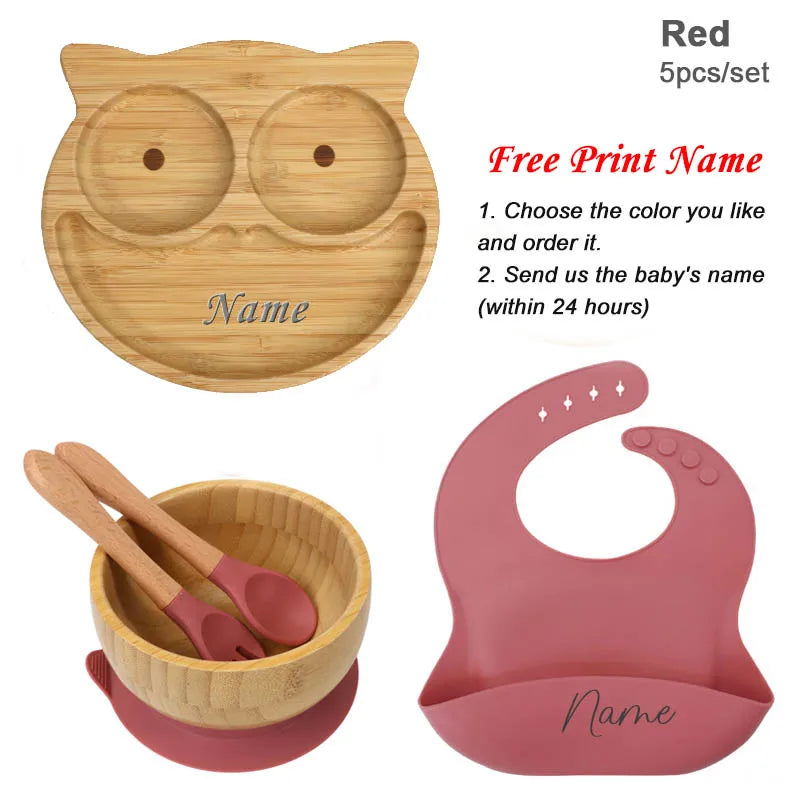 5Pcs Bamboo Bowl Plate For Kid Personalized Name Baby Feeding Set Bamboo Tableware Owl Plate Bowl With Spoon Silicone Baby Stuff