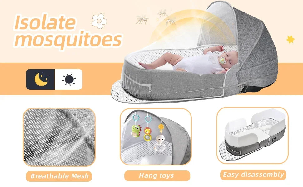 Baby Travel Bassinet Bed in Bed Portable Bassinet Foldable Lightweight Travel Pod Infant Co-Sleeper Bed with Mosquito & Canopy
