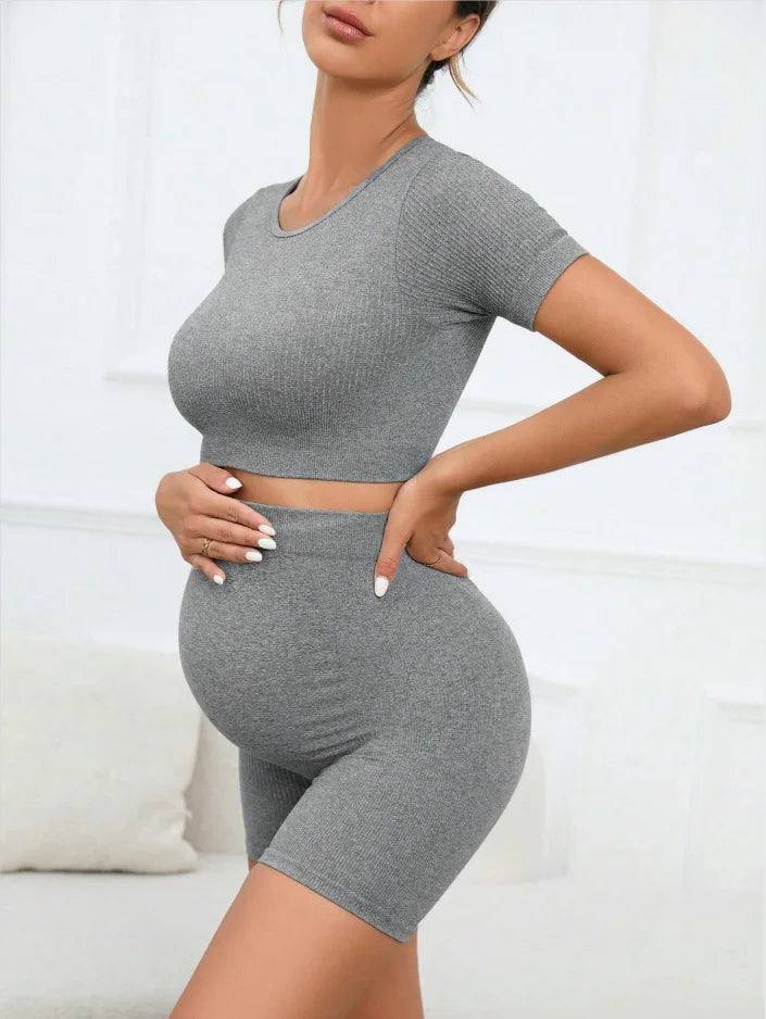 Women's Maternity 2 Piece Seamless Short Sleeve Crop Top Legging Sets Workout Casual