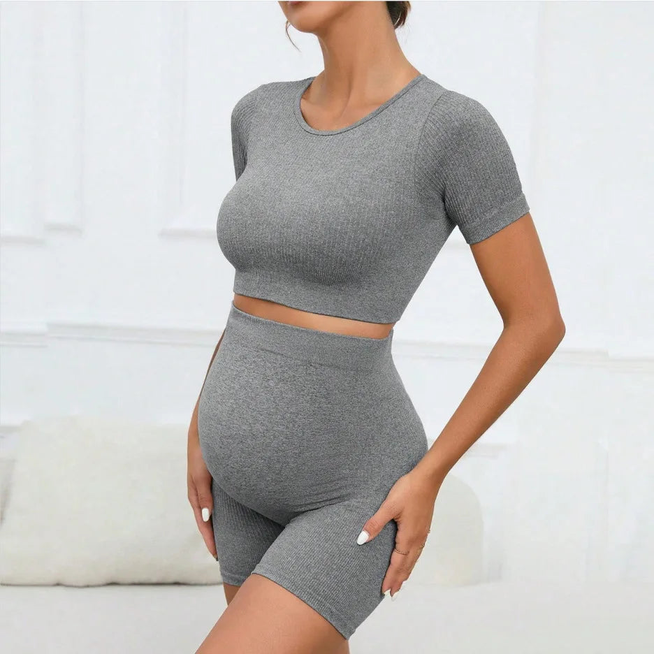 Women's Maternity 2 Piece Seamless Short Sleeve Crop Top Legging Sets Workout Casual