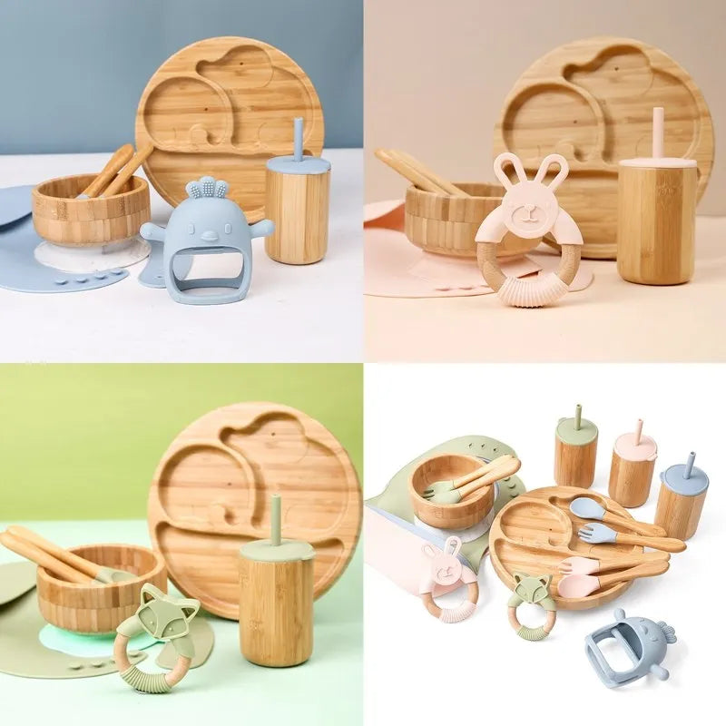 Baby Tableware Set Feeding Bowl Dinner Plate Cup Bibs Spoon Fork Bamboo Wooden Children's Feeding Dishes Sets BPA Free Non-Slip