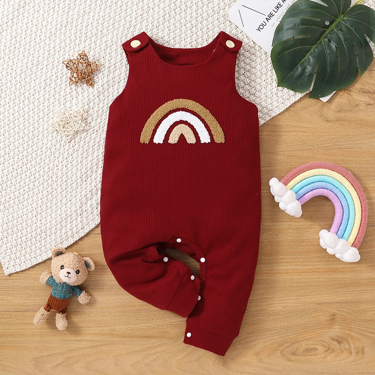 PatPat Baby Boy/Girl Rainbow Embroidered Waffle Tank Jumpsuit