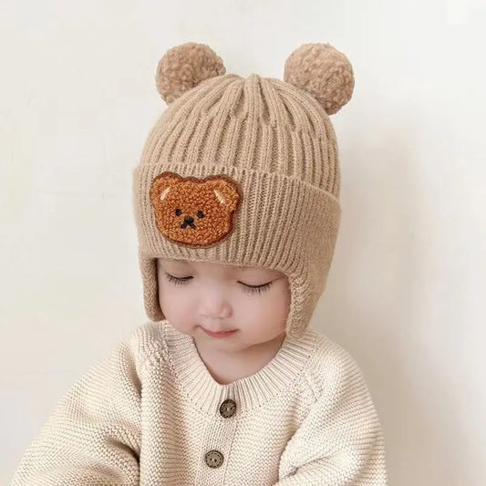 Baby Wool Hat Cute Bear Ear Protection Hat Winter THickened Warm Knitted Korean Version Baby Hat Gift for Kids