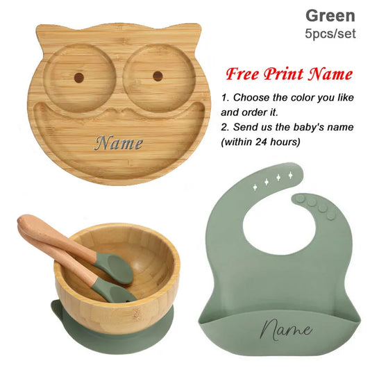 5Pcs Bamboo Bowl Plate For Kid Personalized Name Baby Feeding Set Bamboo Tableware Owl Plate Bowl With Spoon Silicone Baby Stuff