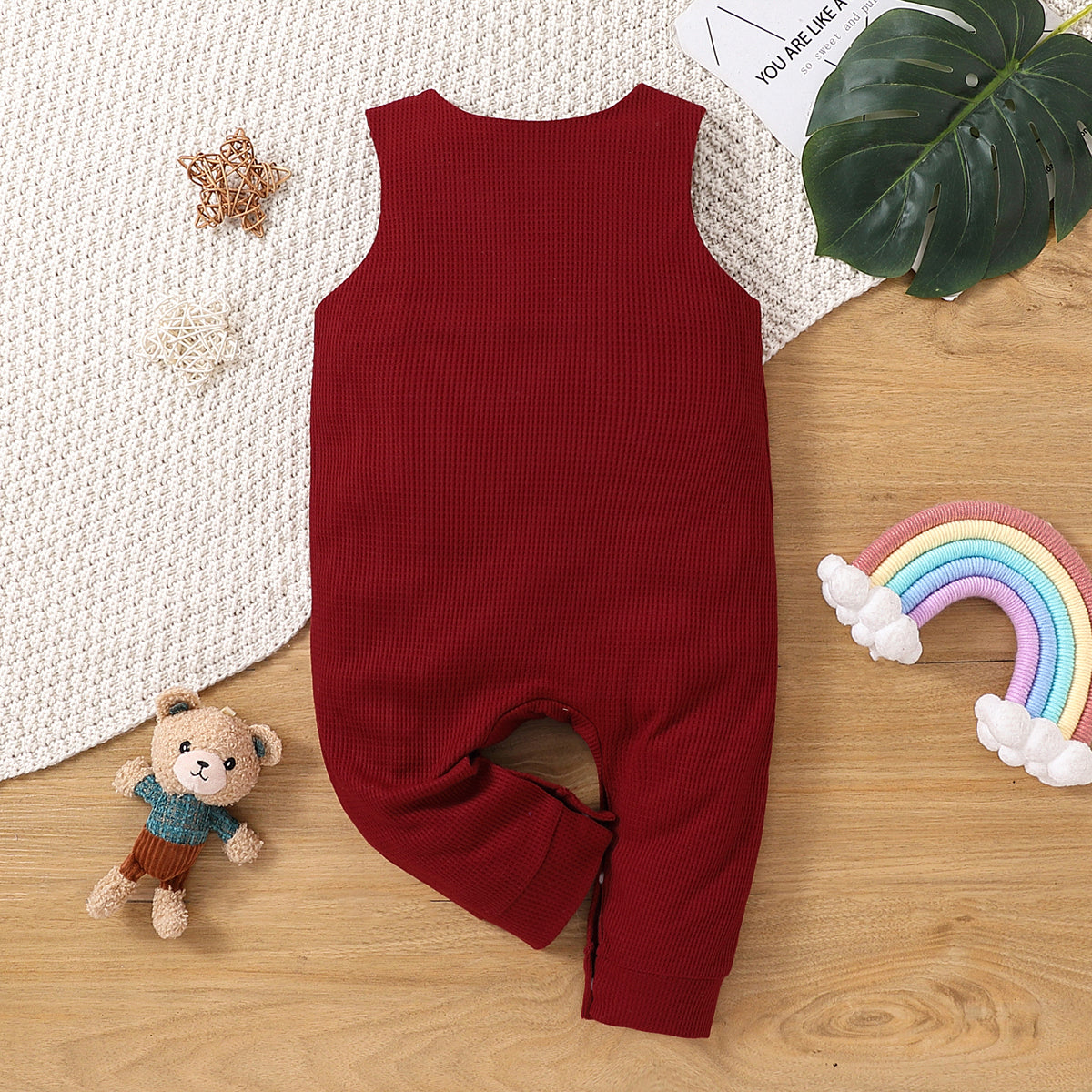 PatPat Baby Boy/Girl Rainbow Embroidered Waffle Tank Jumpsuit