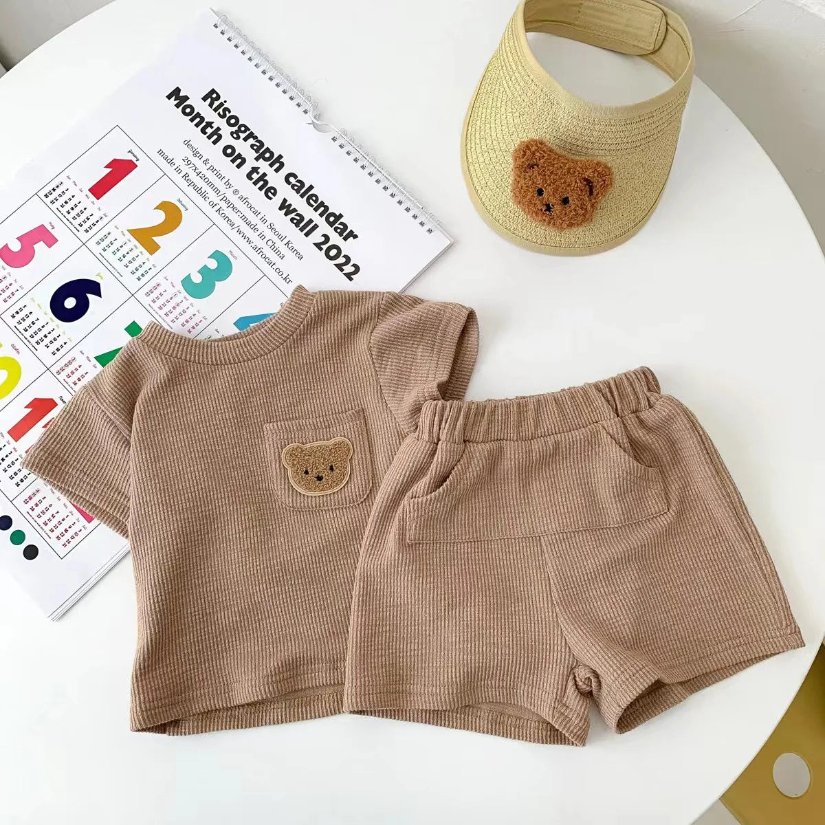 Solid Color Tracksuits Children Fashion Casual Short Sleeve Tops Shorts Summer Boys Girls Clothing Cute Little Bear Simple 2pcs