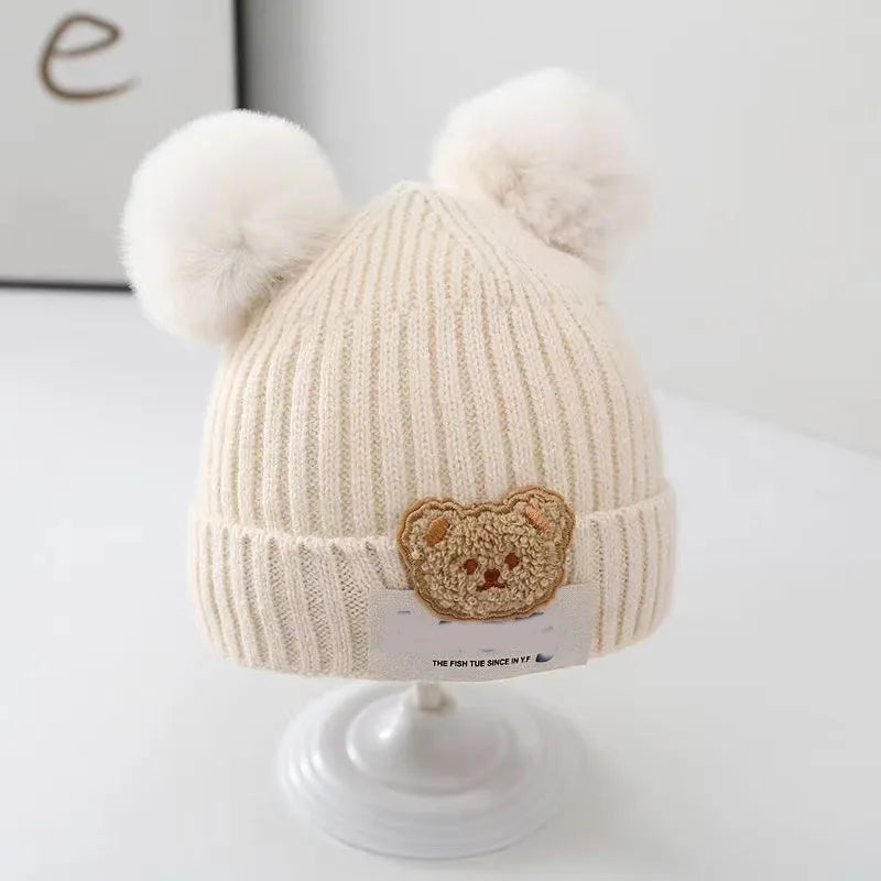 Baby Wool Hat Cute Bear Ear Protection Hat Winter THickened Warm Knitted Korean Version Baby Hat Gift for Kids