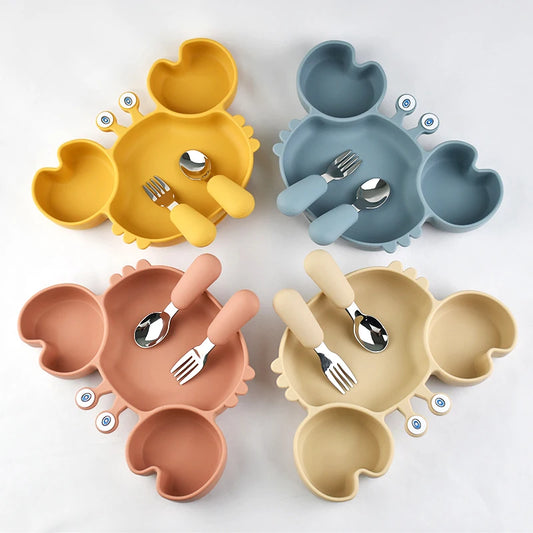 Baby Bowls Plates Fork spoon Set Silicone Suction Feeding Food Tableware BPA Free Non-Slip Baby Dishes Crab Food Feeding Bowl