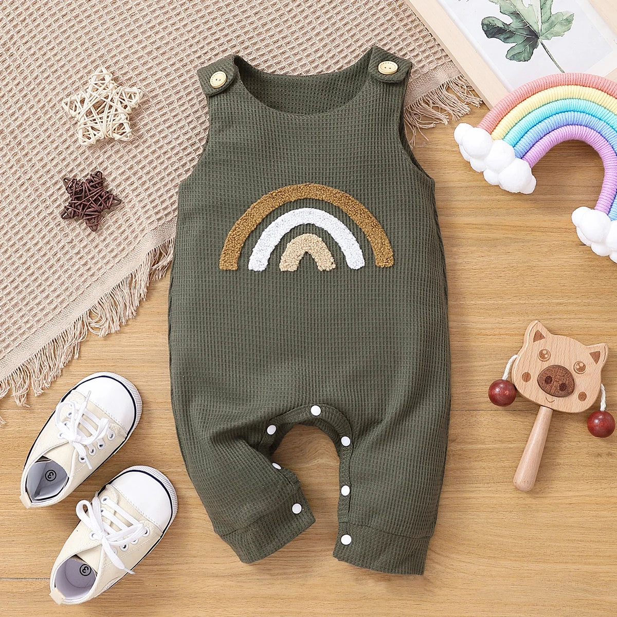 PatPat Baby Boy/Girl Rainbow Embroidered Waffle Tank Jumpsuit