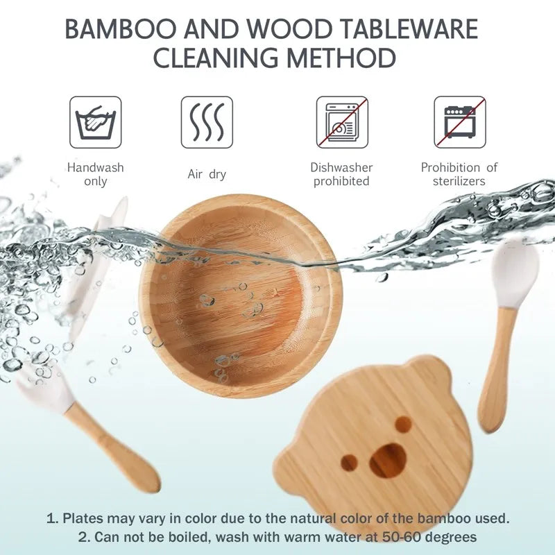 Baby Tableware Set Feeding Bowl Dinner Plate Cup Bibs Spoon Fork Bamboo Wooden Children's Feeding Dishes Sets BPA Free Non-Slip