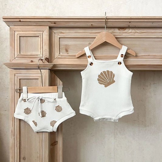 Summer Baby Boys Girls Clothing Baby Cotton Romper+Short Waffle Shell Print Suspenders Rompers Bread Pants Infant Clothes Set